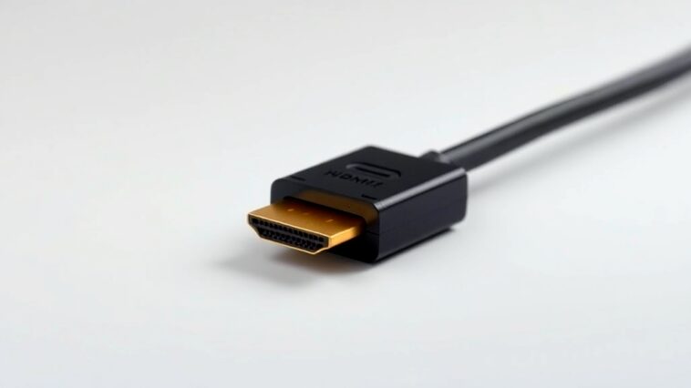 HDMI 2.1 cable showcasing advanced features for high-resolution video and audio, ideal for gaming and home theater setups.