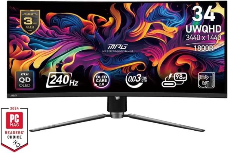 MSI MPG 341CQPX QD OLED 34-inch curved gaming monitor showcasing vibrant colors and immersive design for an enhanced gaming experience.