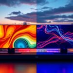 Comparison of OLED and QD-OLED technologies showcasing key differences in color accuracy, brightness, and contrast in display screens.