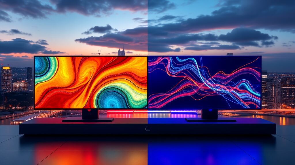 Comparison of OLED and QD-OLED technologies showcasing key differences in color accuracy, brightness, and contrast in display screens.