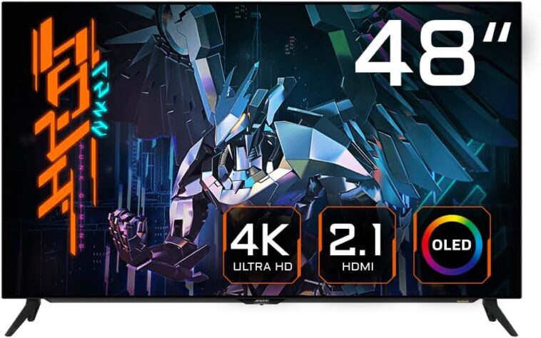 Gigabyte AORUS FO48U EK 47.53 OLED 4K Ultra HD Gaming Monitor showcasing vibrant colors and high-performance design for immersive gaming experiences.