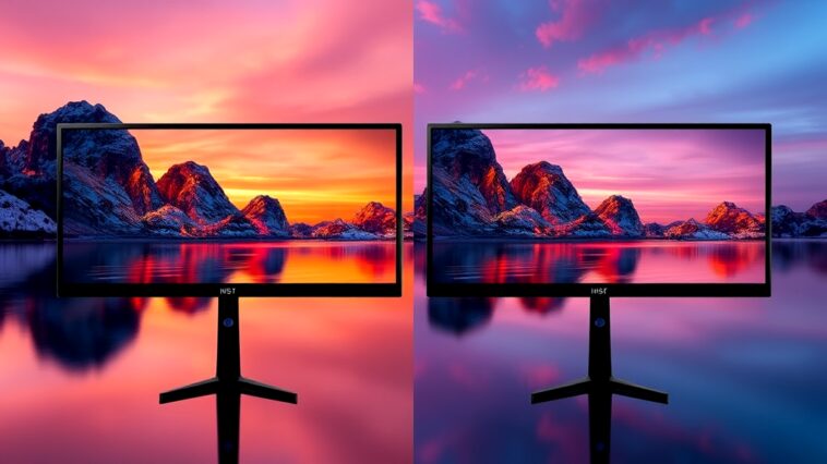 Comparison of IPS and OLED monitors highlighting their features for color accuracy, showcasing vibrant colors and detailed images to help users choose the best display technology for photography and graphic design.