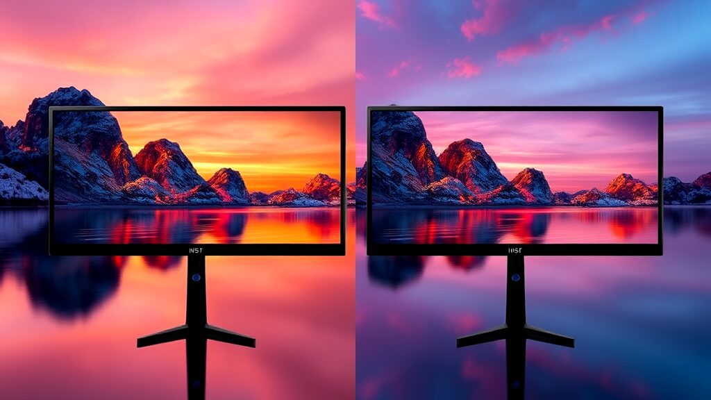 Comparison of IPS and OLED monitors highlighting their features for color accuracy, showcasing vibrant colors and detailed images to help users choose the best display technology for photography and graphic design.