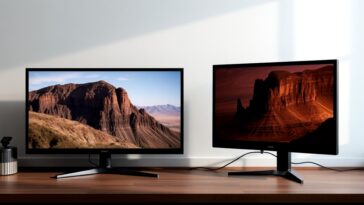 Comparison of prices between computer monitors and TVs, highlighting why computer monitors are often more expensive; featuring a sleek monitor and a flat-screen TV setup.