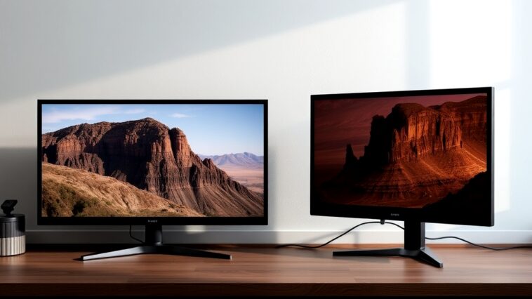 Comparison of prices between computer monitors and TVs, highlighting why computer monitors are often more expensive; featuring a sleek monitor and a flat-screen TV setup.